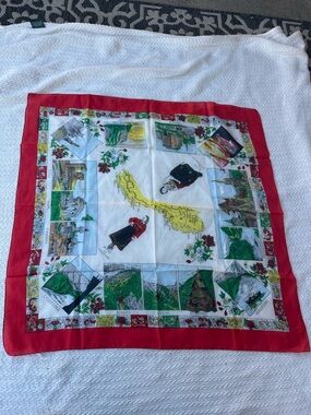 Vintage Scenic Souvenir Silk Scarf in Red, White, Green